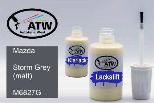 Mazda, Storm Grey (matt), M6827G: 20ml Lackstift + 20ml Klarlack - Set, von ATW Autoteile West.